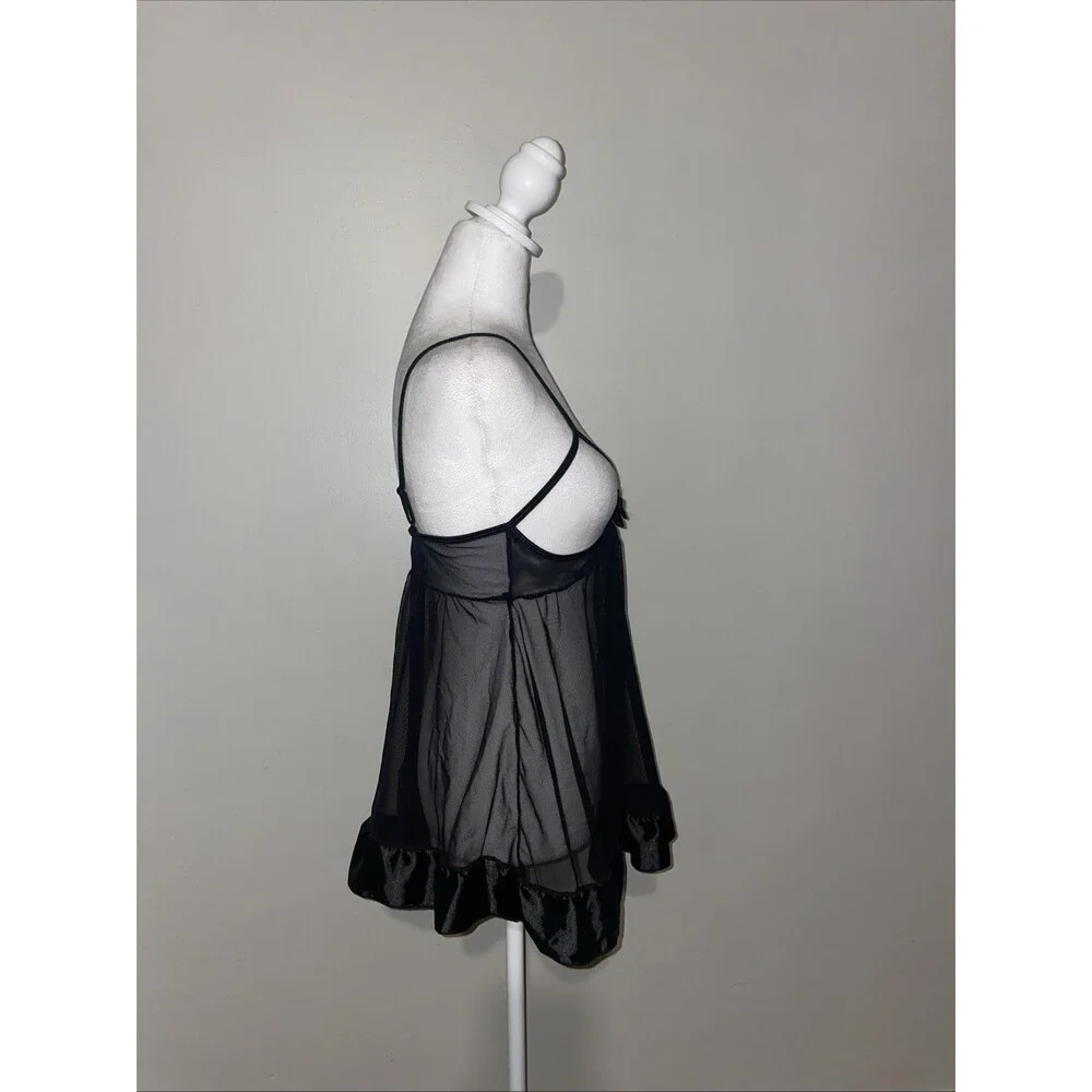 Rene Rofe Babydoll M/L Black Sheer Mesh Chemise Satin Ruffle Bow Lingerie